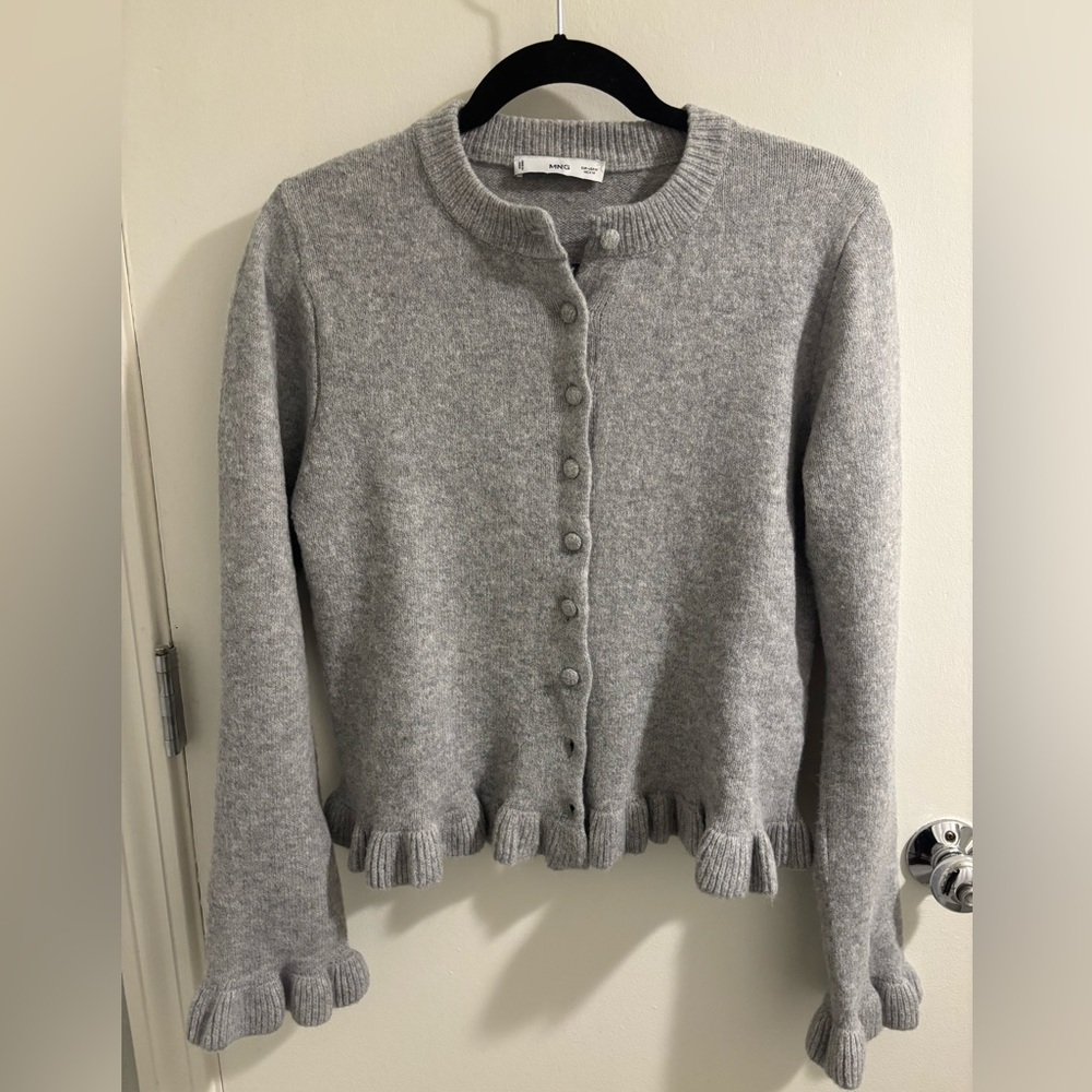 Mango Ruffle Knit Cardigan - Soft Gray Ruffle-Trim Cardigan
